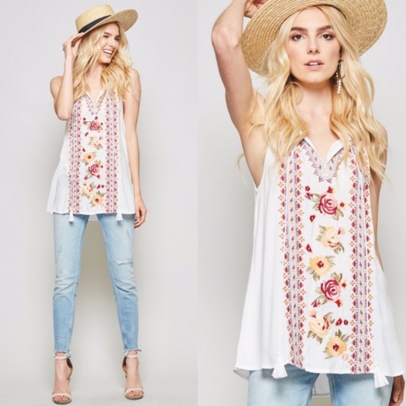 BellanBlue Tops - 022 Boho Floral Embroidered Tassel Neck Tie Tank Top